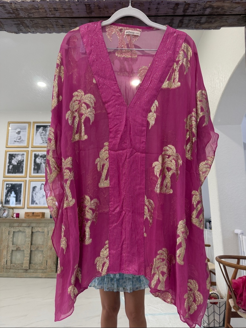 Pitusa Fuchsia Sheer Kaftan with Gold Palm Accents